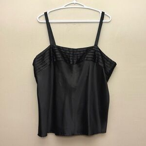 Vintage Black Satin Camisole Top with Pleated Neckline Detail Plus Size1X